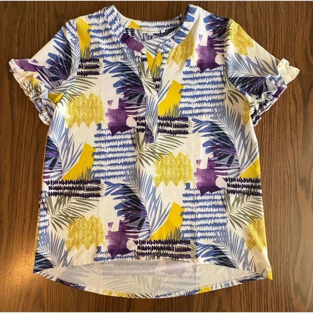 Chicos Women Size 2 (Large) Multicolor Tropical Palm Ruffle Sleeve V-Neck Blouse
